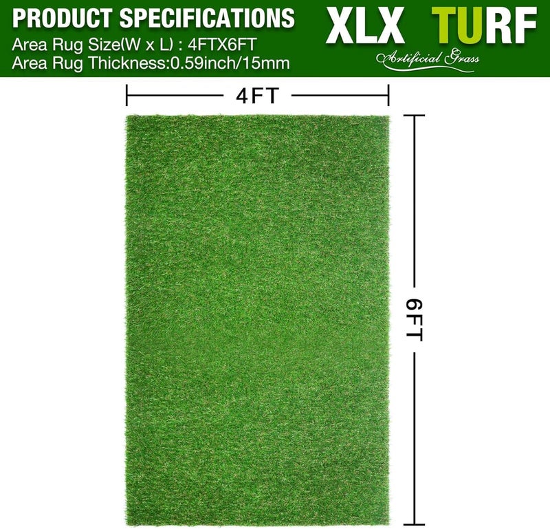 XLX TURF Artificial Grass Outdoor Turf Rug - 4FT X 6FT High Density Realistic Fake Grass Carpet for Patio Balcony Indoor Flooring Decor 15mm/0.6inch Low Pile Height - Image 2